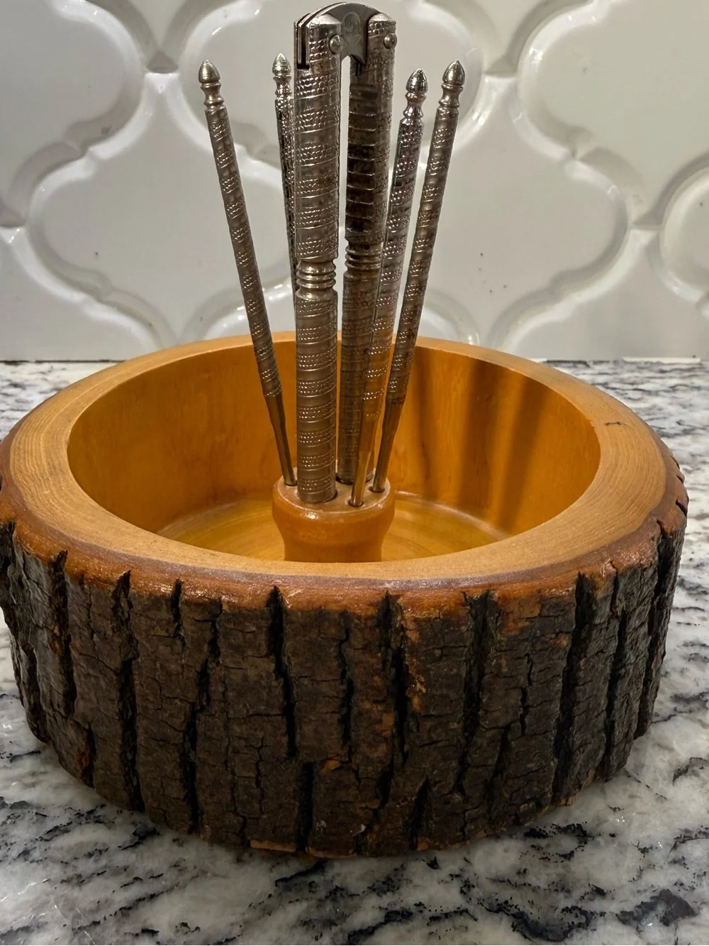 Vintage Mid Century Wooden Nut Bowl Set Nutcracker & Picks Live Edge Bark Rustic